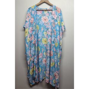 Loft Kimono Cardigan Women Size M/L Blue Floral Short Sleeve Open Boho Casual